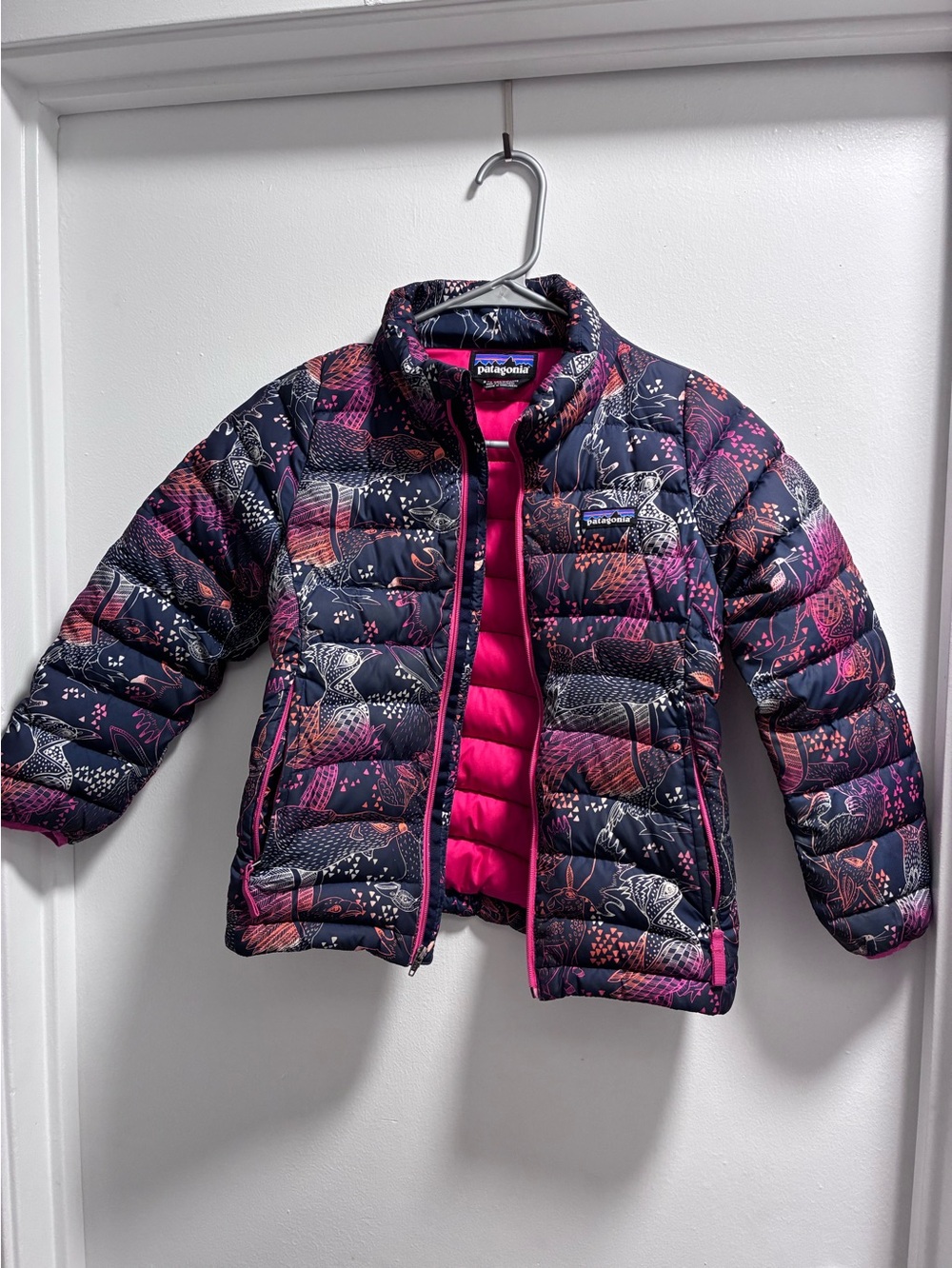 Patagonia Kids Navy & Hot Pink Patterned Puffer Jacket